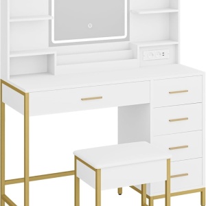 Masuta machiaj cu Oglinda LED si 5 Sertare pentru Cosmetice, Set Masa toaleta 108 cm, Alb, masuta cosmetica, vanity - SEA483 - Img 2