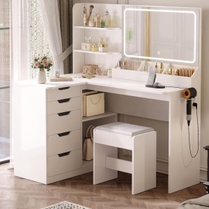 Masuta machiaj cu Oglinda LED si 5 Sertare pentru Cosmetice, Set Masa toaleta 120 cm, Alb, masuta cosmetica, vanity - SEA496 - Img 4