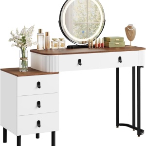Masuta machiaj cu Oglinda LED si 5 Sertare pentru Cosmetice, Set Masa toaleta 120 cm, Alb, masuta cosmetica, vanity - SEA497 - Img 4