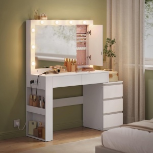 Masuta machiaj cu Oglinda LED si 5 Sertare pentru Cosmetice, Set Masa toaleta 125 cm, Alb, masuta cosmetica, vanity - SEA803