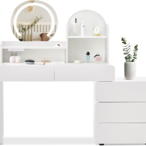 Masuta machiaj cu Oglinda LED si 5 Sertare pentru Cosmetice, Set Masa toaleta 105 - 130 cm, Alb, masuta cosmetica cu Prize si USB, Suport Uscator de Par - SEA25 - Img 3
