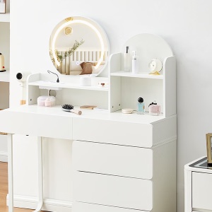 Masuta machiaj cu Oglinda LED si 5 Sertare pentru Cosmetice, Set Masa toaleta 105 - 130 cm, Alb, masuta cosmetica cu Prize si USB, Suport Uscator de Par - SEA25 - Img 10
