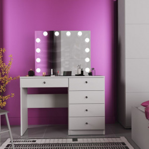 Masuta machiaj cu Oglinda LED si 5 Sertare pentru Cosmetice, Set Masa toaleta 110 cm, Alb, masuta cosmetica, vanity - SEA533 - Img 2