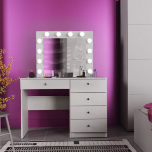 Masuta machiaj cu Oglinda LED si 5 Sertare pentru Cosmetice, Set Masa toaleta 110 cm, Alb, masuta cosmetica, vanity - SEA534