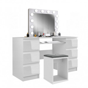 Masuta machiaj cu Oglinda LED si 6 Sertare pentru Cosmetice, Set Masa toaleta 130 cm, Alb Lucios, masuta cosmetica, vanity - SEA540 - Img 6