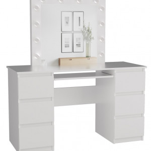 Masuta machiaj cu Oglinda LED si 6 Sertare pentru Cosmetice, Set Masa toaleta 130 cm, Alb, masuta cosmetica, vanity - SEA542 - Img 2