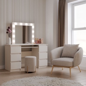 Masuta machiaj cu Oglinda LED si 6 Sertare pentru Cosmetice, Set Masa toaleta 130 cm, masuta cosmetica, vanity - SEC501