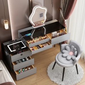 Masuta machiaj cu Oglinda LED si 6 Sertare pentru Cosmetice, Set Masa toaleta 100 cm, Gri, masuta cosmetica, vanity - SEG17 - Img 6