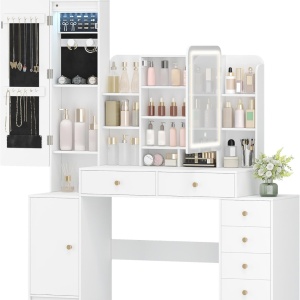 Masuta machiaj cu Oglinda LED si 6 Sertare pentru Cosmetice, Set Masa toaleta 140 cm, Alb, masuta cosmetica, vanity - SEA7 - Img 2