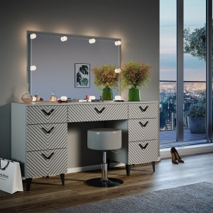 Masuta machiaj cu Oglinda LED si 7 Sertare pentru Cosmetice, Set Masa toaleta 150 cm, Gri, masuta cosmetica, vanity - SEG213