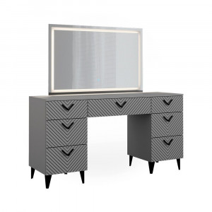Masuta machiaj cu Oglinda LED si 7 Sertare pentru Cosmetice, Set Masa toaleta 150 cm, Gri, masuta cosmetica, vanity - SEG214 - Img 6