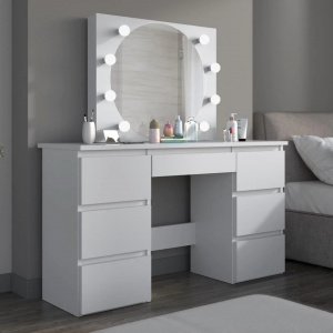 Masuta machiaj cu Oglinda LED si 7 Sertare pentru Cosmetice, Set Masa toaleta 120 cm, Alb, masuta cosmetica, vanity - SEA551 - Img 6