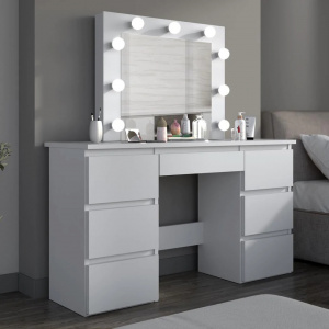 Masuta machiaj cu Oglinda LED si 7 Sertare pentru Cosmetice, Set Masa toaleta 120 cm, Alb, masuta cosmetica, vanity - SEA552 - Img 7