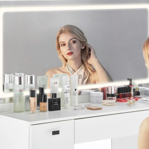 Masuta machiaj cu Oglinda LED si 7 Sertare pentru Cosmetice, Set Masa toaleta 117 cm, Alb, masuta cosmetica, vanity - SEA475 - Img 6
