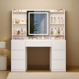 Masuta machiaj cu Oglinda LED si 7 Sertare pentru Cosmetice, Set Masa toaleta 108 cm, Alb, masuta cosmetica, vanity - SEA4 - Img 6