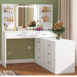 Masuta machiaj cu Oglinda LED si 8 Sertare pentru Cosmetice, Set Masa toaleta 167 cm, Alb, masuta cosmetica, vanity - SEA819