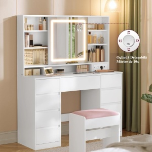 Masuta machiaj cu Oglinda LED si 9 Sertare pentru Cosmetice, Set Masa toaleta 110 cm, Alb, masuta cosmetica, vanity - SEA822 - Img 9