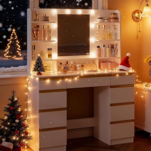 Masuta machiaj cu Oglinda LED si 9 Sertare pentru Cosmetice, Set Masa toaleta 109 cm, Alb, masuta cosmetica, vanity - SEA821 - Img 11