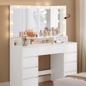 Masuta machiaj cu Oglinda LED si 9 Sertare pentru Cosmetice, Set Masa toaleta 107 cm, Alb, masuta cosmetica, vanity - SEA11 - Img 6