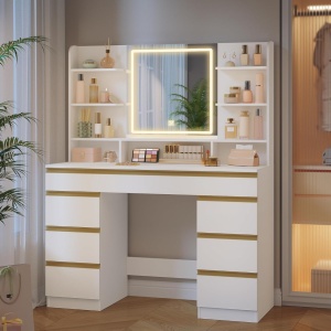 Masuta machiaj cu Oglinda LED si 9 Sertare pentru Cosmetice, Set Masa toaleta 109 cm, Alb, masuta cosmetica, vanity - SEA18