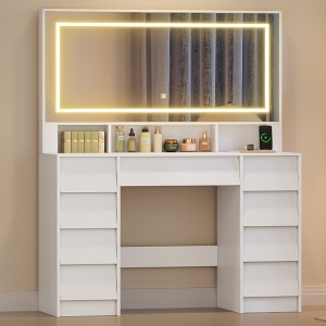 Masuta machiaj cu Oglinda LED si 9 Sertare pentru Cosmetice, Set Masa toaleta 109 cm, Alb, masuta cosmetica, vanity - SEA19 - Img 8