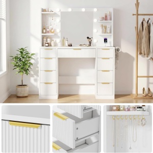 Masuta machiaj cu Oglinda LED si 9 Sertare pentru Cosmetice, Set Masa toaleta 108 cm, Alba sau Neagra cu Riflaj, masuta cosmetica cu Prize, USB, USB-C si Suport Uscator de Par, Suport Bijuterii vanity - SEA202 - Img 5