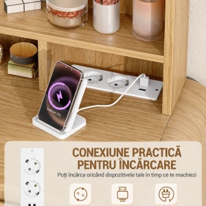 Masuta machiaj cu Oglinda LED si 9 Sertare pentru Cosmetice, Set Masa toaleta 108 cm, cu Priza si USB, masuta cosmetica Maro, vanity cu Rafturi - SEM1 - Img 7