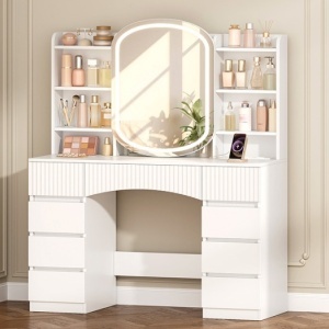 Masuta machiaj cu Oglinda LED si 9 Sertare si Rafturi pentru Cosmetice, Set Masa toaleta 108 cm, Alb, masuta cosmetica cu Priza si USB, vanity cu Dulapior - SEA17 - Img 5
