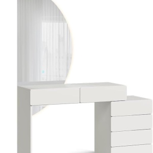 Masuta machiaj cu Oglinda Semiluna LED si 6 Sertare pentru Cosmetice, Set Masa toaleta 100 cm, Alba, masuta vanity, cosmetica - SEA837 - Img 5