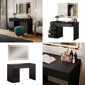 Masuta machiaj naegra cu Oglinda LED si 5 Sertare pentru Cosmetice, Set Masa toaleta 120 cm, masuta cosmetica cu Riflaj, vanity - SEN256 - Img 4