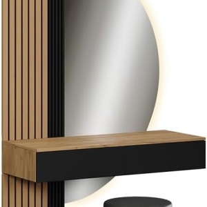 Masuta machiaj neagra cu Oglinda LED si 2 Sertare pentru Cosmetice, Set Masa toaleta 100 cm, masuta cosmetica cu Riflaj, vanity - SEM23 - Img 9