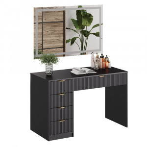 Masuta machiaj neagra cu Oglinda LED si 5 Sertare pentru Cosmetice, Set Masa toaleta 120 cm, masuta vanity cu Riflaj, cosmetica- SEN250 - Img 2