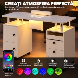 Masuta manichiura Alba,108 cm, birou, masa cosmetica pentru salon cu Aspirator Incorporat, Pernita si LED - MANIA213 - Img 3