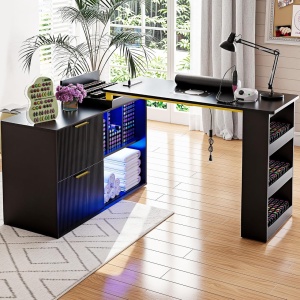 Masuta manichiura Alba / Neagra, 110 cm, birou cu LED si Riflaj, masa cosmetica pentru salon cu Aspirator Incorporat, Prize si USB MANIA211