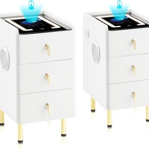 NOA1 - Set 2x Noptiere Smart, 30 cm, cu 3 sertare, LED, USB, Bluetooth, Incarcator Wireless, mobilier dormitor - Alb - Img 11
