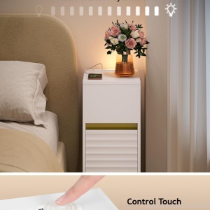 NOA2 - Set 2 Noptiere, 24 cm, foarte inguste, LED, USB si USB-C, Riflaje dormitor - Alb - Auriu - Img 11