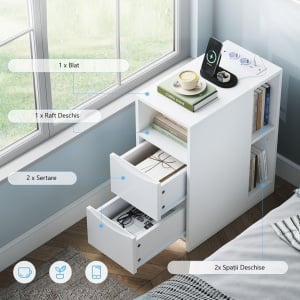 NOA203 - Set 2x Noptiere Smart foarte inguste, 25 cm, cu Priza si USB, LED, 2 sertare si raft - Alb - Img 3
