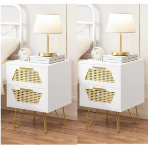 NOA232 - Set 2x Noptiere albe 40 cm, cu 2 sertare - Alb - Auriu