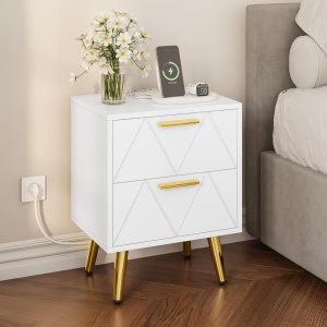 NOA66 - Set 2 Noptiere albe 40 cm, cu 2 sertare Priza si USB, dormitor - Alb