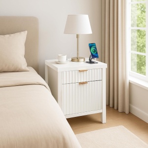 NOA72 - Set 2x Noptiere 50 cm, cu 2 sertare, Priza, USB si USB-C, dormitor - Alb