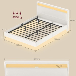 PAA2 - Pat tapitat, 140 / 160 x 200 cm cu USB, USB-C, LED, si Raft - Alb Piele Ecologica - Img 6
