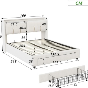 PAC2 - Pat tapitat catifea, 140 / 160 x 200 cm cu Priza, USB, USB-C, LED, Sertar, Somiera Hidraulica, Spatiu depozitare si Raft - Alb (crem) - Img 8