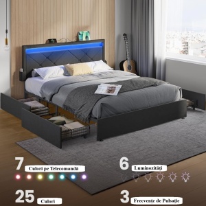 PAG2 - Pat tapitat, 140 sau 160 x 200 cm, cu 4 Sertare, LED, USB si USB-C, Organizatoare Carti - Gri - Img 4