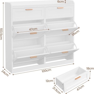 PANA204 - Pantofar 100 cm ingust, 4 compartimente si 2 sertare, pantofare, depozitare pantofi, mobilier hol - Alb - Img 8
