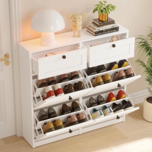 PANA31 - Pantofar 105cm ingust, 4 compartimente si 2 sertare, pantofare, depozitare pantofi, mobilier hol - Alb / Negru - Img 6