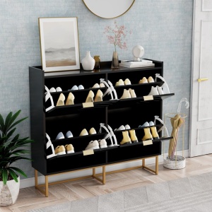 PANN5 - Pantofar 100 cm ingust, 4 compartimente, pantofare, depozitare pantofi, mobilier hol - Negru / Albastru / Gri - Auriu - Img 3