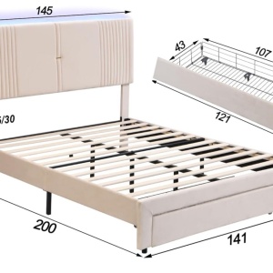 PARC205 - Pat tapitat cu LED si USB, 140 / 160 x 200 cm, cu Sertar - Gri - Img 7
