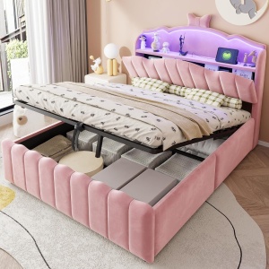 PARC208 - Pat tapitat cu LED, 140 x 200 cm - Pat copii, fetite cu Spatiu depozitare, Porturi USB si USB-C - Catifea Roz / Crem