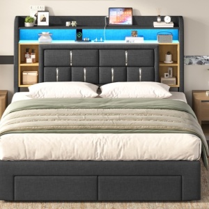 Pat tapitat Gri, 140 x 200 cm, cu USB, USB-C, LED, 2 Sertare, Somiera Hidraulica, Spatiu depozitare si Rafturi - PAG202 - Img 5