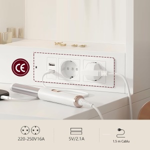 SEA203 - Masuta machiaj cu Oglinda LED, 5 Sertare pentru Cosmetice, Set Masa toaleta 108 cm, Alb, masuta cosmetica, vanity cu Priza si USB, Spuport Uscator Par - SEA203 - Img 4